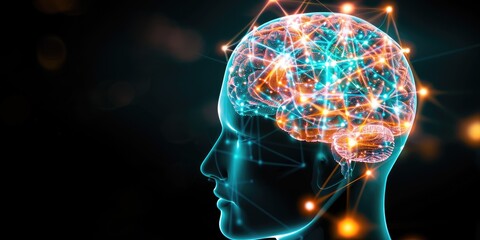 Naklejka premium Glowing Brain with Connections in a Futuristic Digital Space