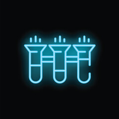 Blue neon icon of three test tubes on a black background, with liquid inside and bubbles rising to the top, suggesting an experiment in progress