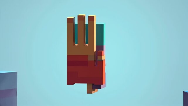 Digital art piece featuring a segmented geometric hand rendered in bold red and brown tones against a serene turquoise background. Clean minimalist composition with stark shadows and subtle depth.