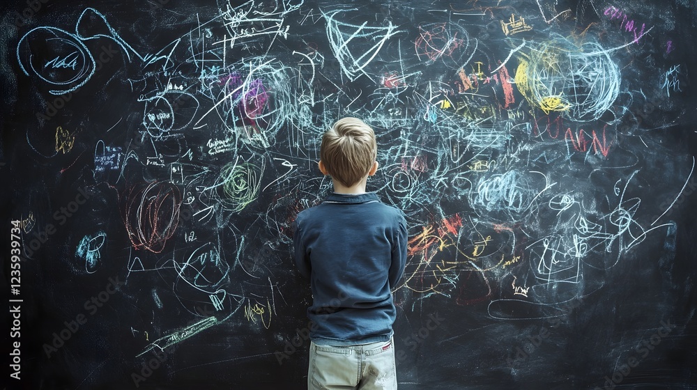 Poster young boy exploring creativity and learning on chalkboard with colorful drawings the image shows a y