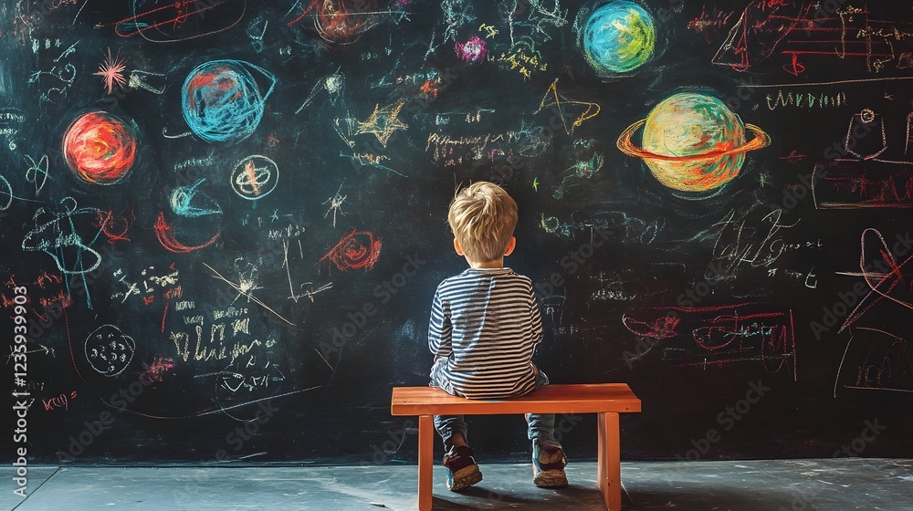 Poster young student sitting at desk in classroom exploring the solar system and universe through planetary