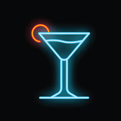 Blue neon sign showing a cocktail drink with a lime on a black background