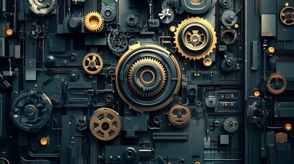 Fototapeta premium Abstract mechanical gears and cogs in dark metal. Possible use Industrial design inspiration