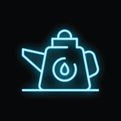 Blue neon sign depicting an oil can, isolated on a black background, evoking concepts of industry, fuel, and lubrication
