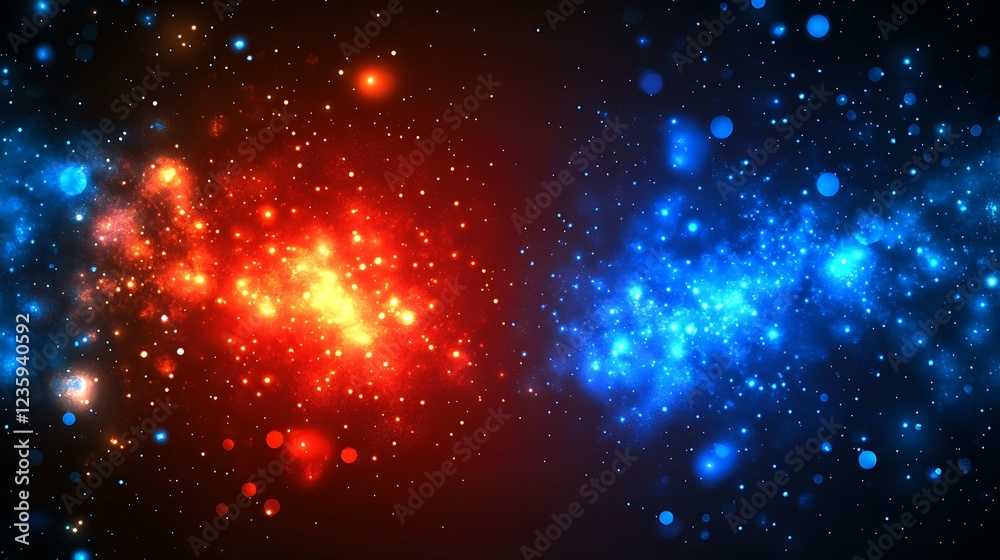 Poster abstract cosmic energy field, vibrant red and blue glowing nebula. possible use background design