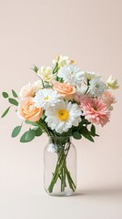 Fototapeta premium Beautiful flower arrangement in a glass vase on a soft pastel background natural light crisp details Realistic photograph