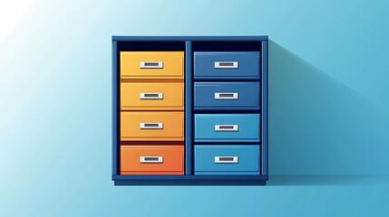 Colorful storage cabinet with drawers on a light blue background.  Possible use Office supplies, home decor