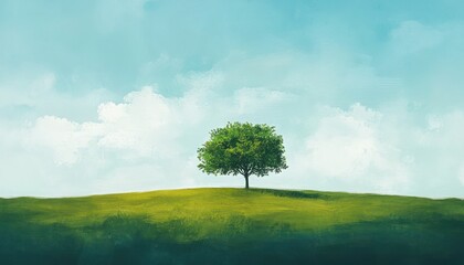 Fototapeta premium Solitary Tree on a Verdant Hill Under a Pale Sky