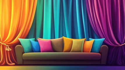 Colorful Curtains Room with Sofa