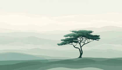 Serene Landscape Featuring a Solitary Tree on Rolling Hills