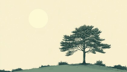 Obraz premium Solitary Pine Tree Under a Pale Moonlit Sky