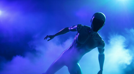 Obraz premium Humanoid robot dancing in a smoky atmosphere with blue and purple lights