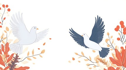 Obraz premium Two doves flying amidst autumn leaves. Possible use for greeting card