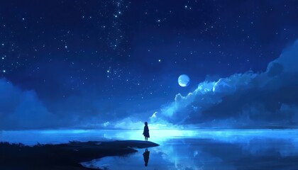 Fototapeta premium Solitary Figure Gazing at Night Sky Over Calm Water