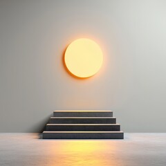 Obraz premium A lighted round object is on a wall next to a set of stairs