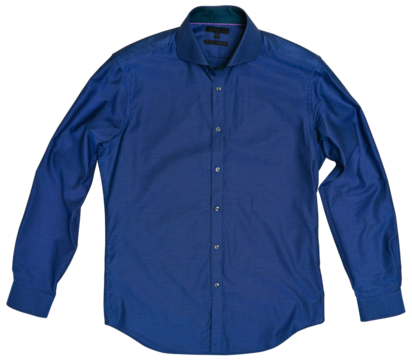 Men's blue shirt made of pure cotton isolated on a transparent background. Top view.