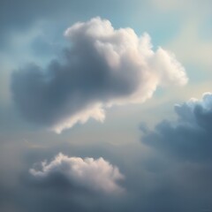 Fluffy clouds float gently across a serene sky, bathed in soft, diffused light. The backdrop is a calming mix of pale blues and warm tones, evoking a sense of tranquility.
