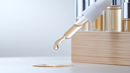 Close-up of a cosmetic serum dropper releasing liquid onto a reflective surface, showcasing skincare essentials.