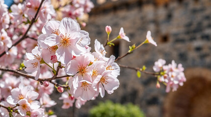 Fototapeta premium Cherry blossom flowers blooming near stone wall in spring