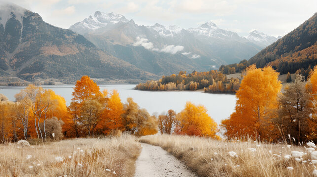 Beautiful outdoor autumn yellow alps alpine forest with snowy rocky hill and foggy on mountain with river lake