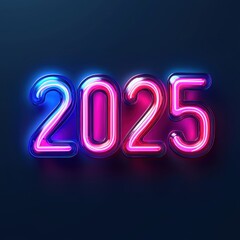 2025 shaped from glowing neon tubes with a blue and pink gradient, isolated on a dark background