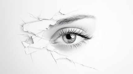 Obraz premium Artistic image of an eye appearing through cracked paper background, symbolizing insight and revelation.