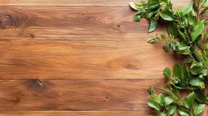 Green leaves on wood table background, flat lay
