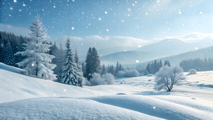 Fototapeta premium Serene Winter Landscape with Snowfall and Pine Trees in Horizon