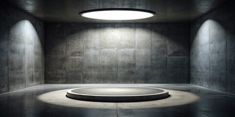 Fototapeta premium A Minimalist Concrete Room with a Circular Platform Illuminated by Overhead Light