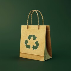 Biodegradable Shopping Bag Mockup Made from Recycled Paper, Twisted Handles, Placed on a Rich Forest Green Background, Subtle Lighting
