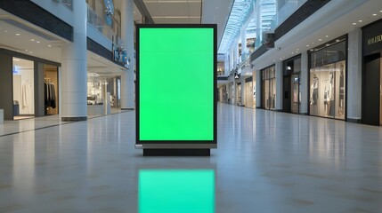 A blank digital advertising display in a spacious shopping mall.