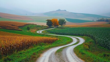 Serene Autumn Countryside: Winding Road Through Rolling Hills and Golden Fields