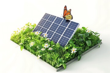 Solar Panel Surrounded by Greenery, Flowers, and a Butterfly