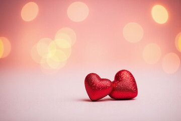 Obraz premium Two glittering red hearts on glittery pinkish gray surface