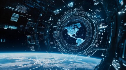 Obraz premium Futuristic Earth with digital interface above, global connection and data visualization