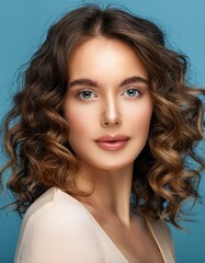 Fototapeta premium Beautiful close-up portrait of a young woman with curly hair and radiant skin against a soft blue background.