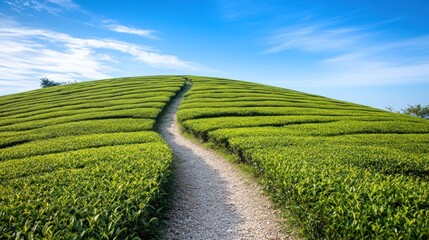 Naklejka premium Serene pathway meanders through vibrant green tea plantation hillside