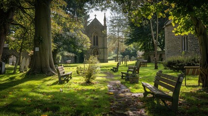 Obraz premium Tranquil Churchyard with Lush Greenery and Stone Architecture