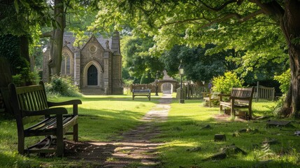 Obraz premium Tranquil Park Pathway Surrounded by Lush Greenery and Scenic Benches