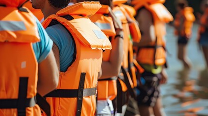 Naklejka premium Summer Adventure: Participants in Bright Life Jackets Ready for Water Activities