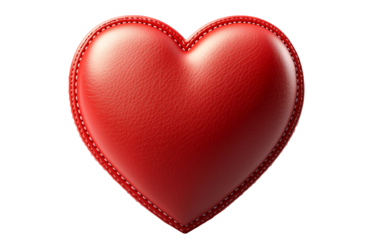 Red leather heart with visible stitching details, textured surface and smooth finish isolated on white transparent background, symbolizing love and care