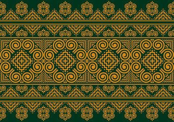 Hmong ethnic pattern designed with spiral lines resembling shells, which is unique to this ethnic group. Golden lines on a dark green background.