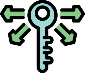 Key surrounded by arrows pointing in different directions, symbolizing opportunity, choice, solution, strategy, or decision making