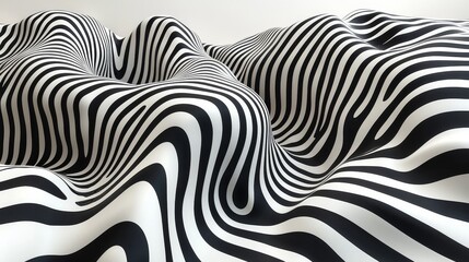 A mesmerizing pattern of black and white waves creates a captivating optical illusion in a modern art installation.