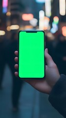 A hand holds a smartphone with a blank green screen, set against a blurred urban background.
