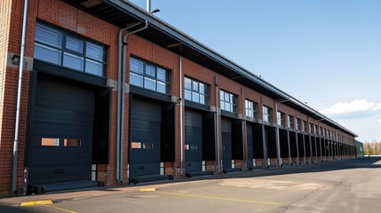 Obraz premium Modern Industrial Warehouse with Loading Docks under Clear Blue Sky