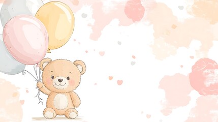 Cute teddy bear with balloons, watercolor background, children's illustration