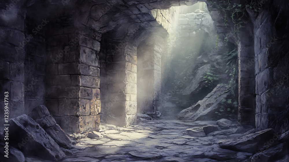 Wall mural stone-walled ancient tunnel with soft sunlight filtering through cracks, creating an atmospheric moo