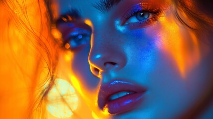 Obraz premium Close-up portrait of a beautiful young woman with orange and blue lighting