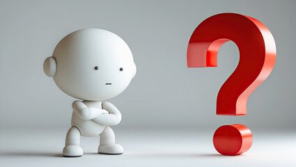  3D character standing next to a large red question mark. The character is white and appears to be standing on all fours. It has a round head and arms